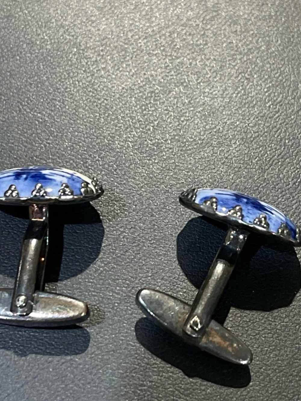 Men's Blue and White Porcelain Oval Cufflinks - Elegant Dress Accessory
